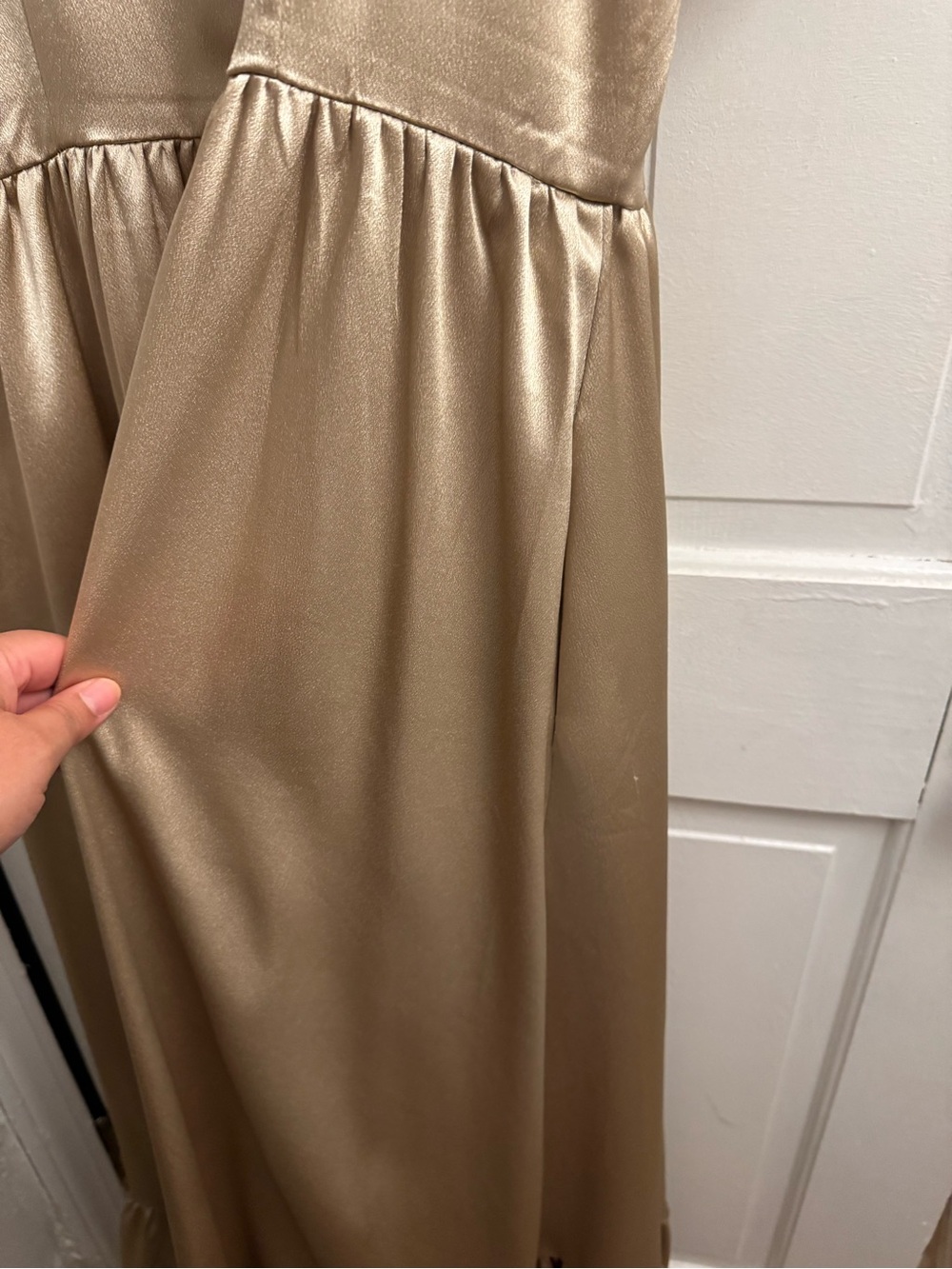 Ivy City Co Gold Satin Ruffle-Trim Maxi Dress - Picture 8 of 14